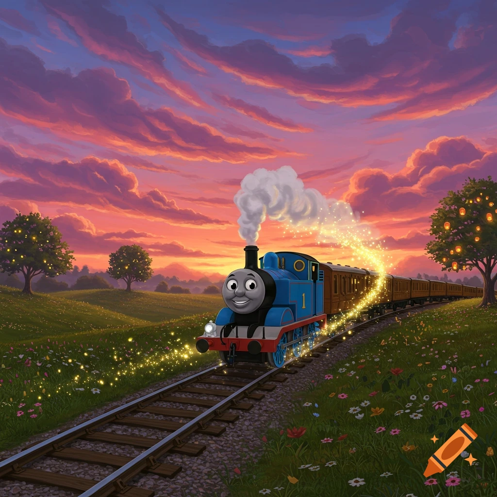 Thomas the Tank Engine on train tracks, emitting golden sparks, in a magical field with trees at sunset.