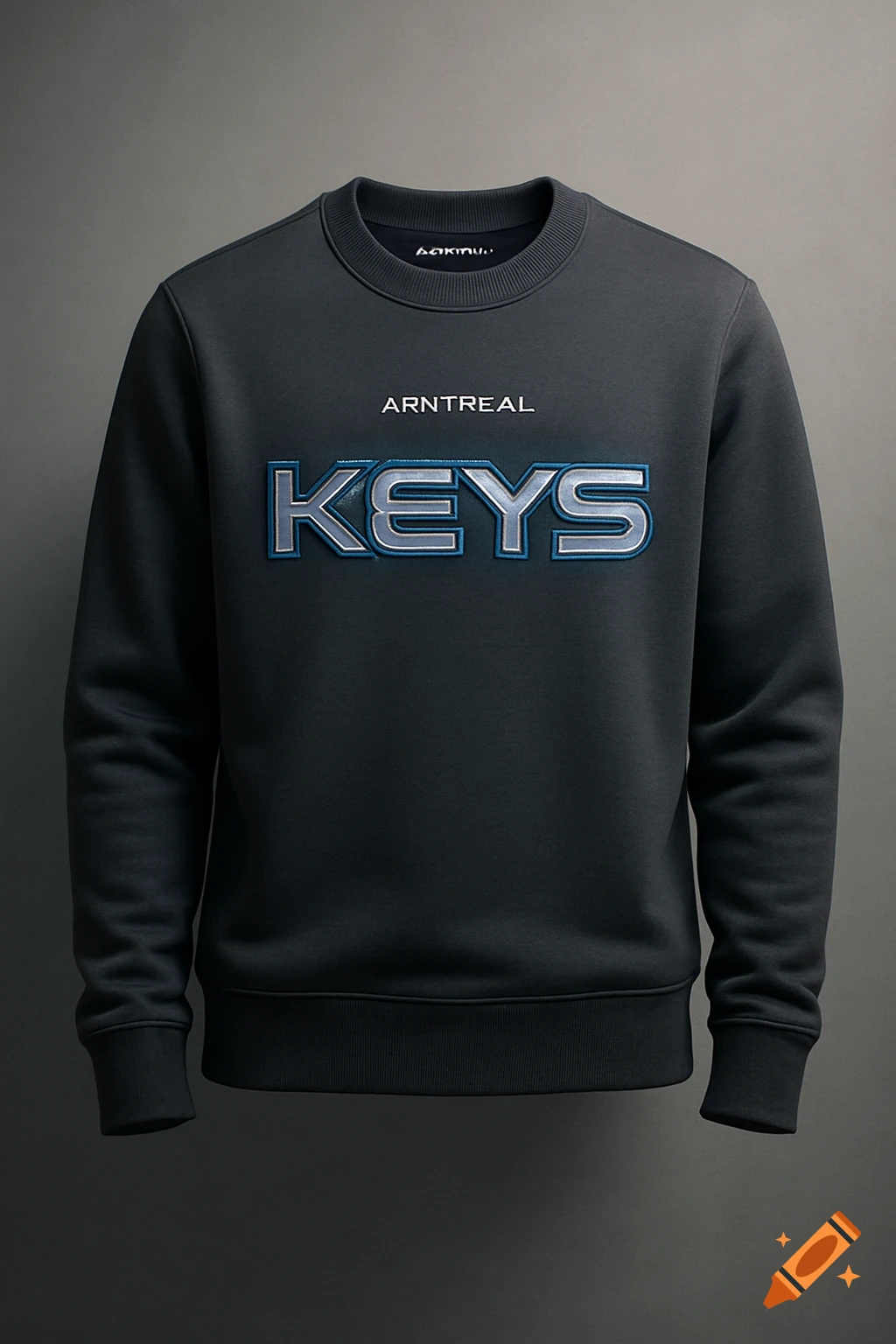 Dark gray sweatshirt with 'ARNTREAL' and glowing 'KEYS' text logo on the front, against a dark gray background.