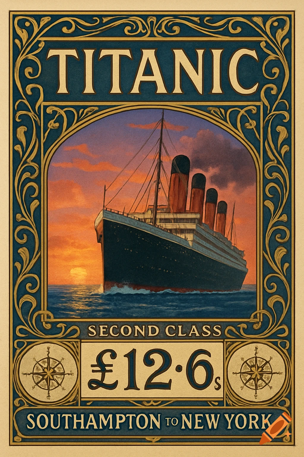 Vintage poster of the Titanic sailing at sunset, with ornate gold borders, reading 'TITANIC' and travel details.