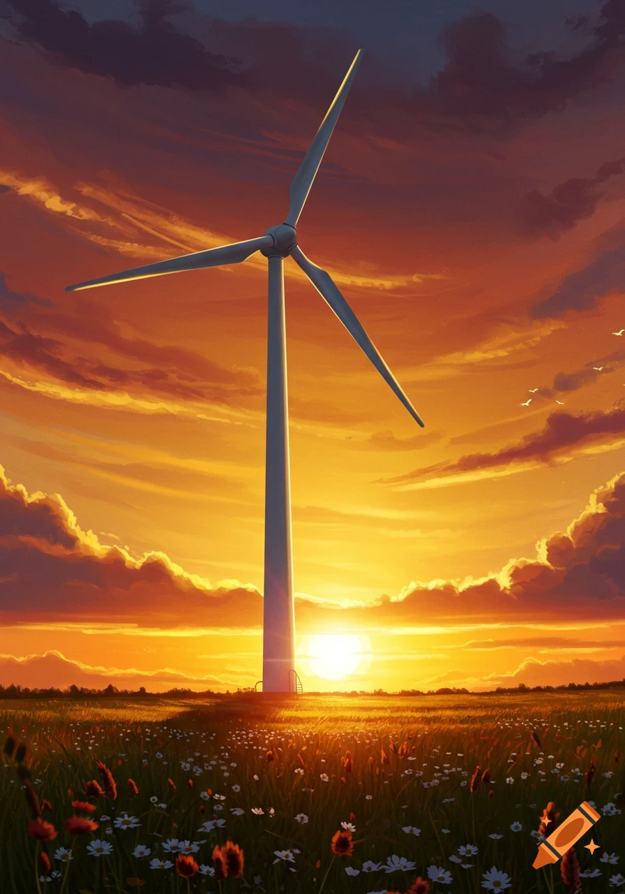 A large wind turbine stands in a vibrant field of flowers at sunset, under a dramatic orange and purple sky.