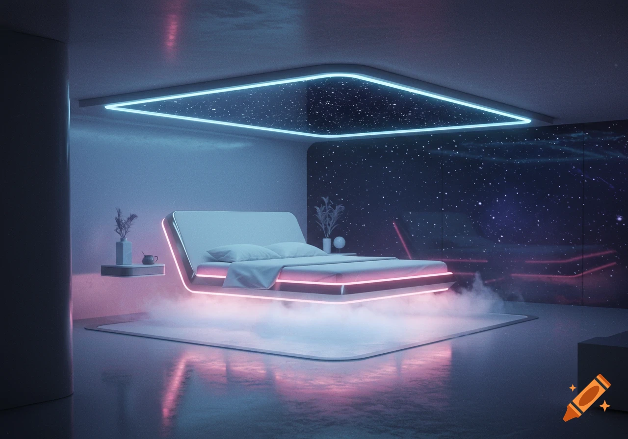 A futuristic bed with pink and blue neon lights, surrounded by mist, in a sci-fi bedroom with a starry wall.