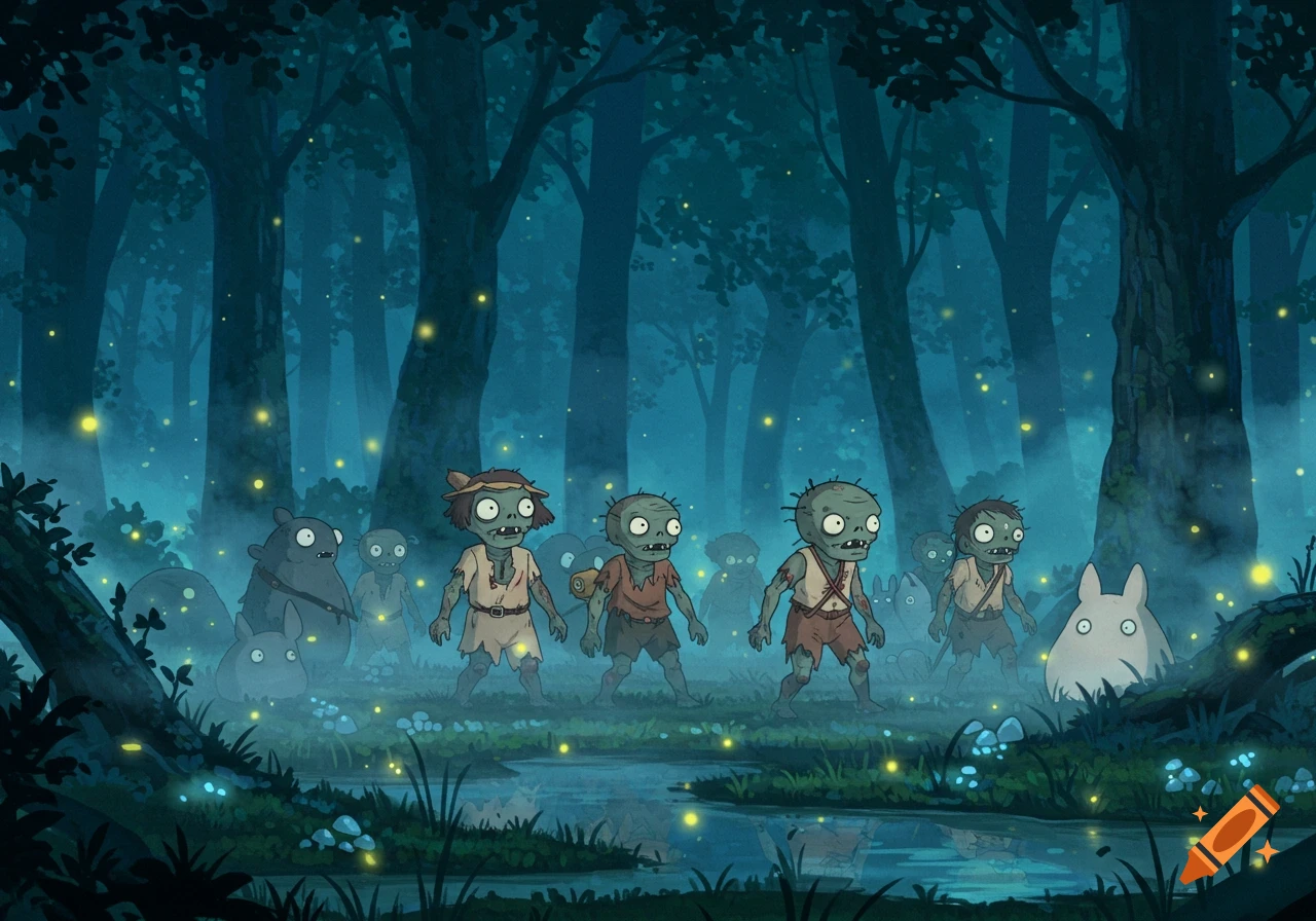 Cartoon zombies and forest spirits, including a white Totoro, wander in a misty, firefly-lit Ghibli-style forest.