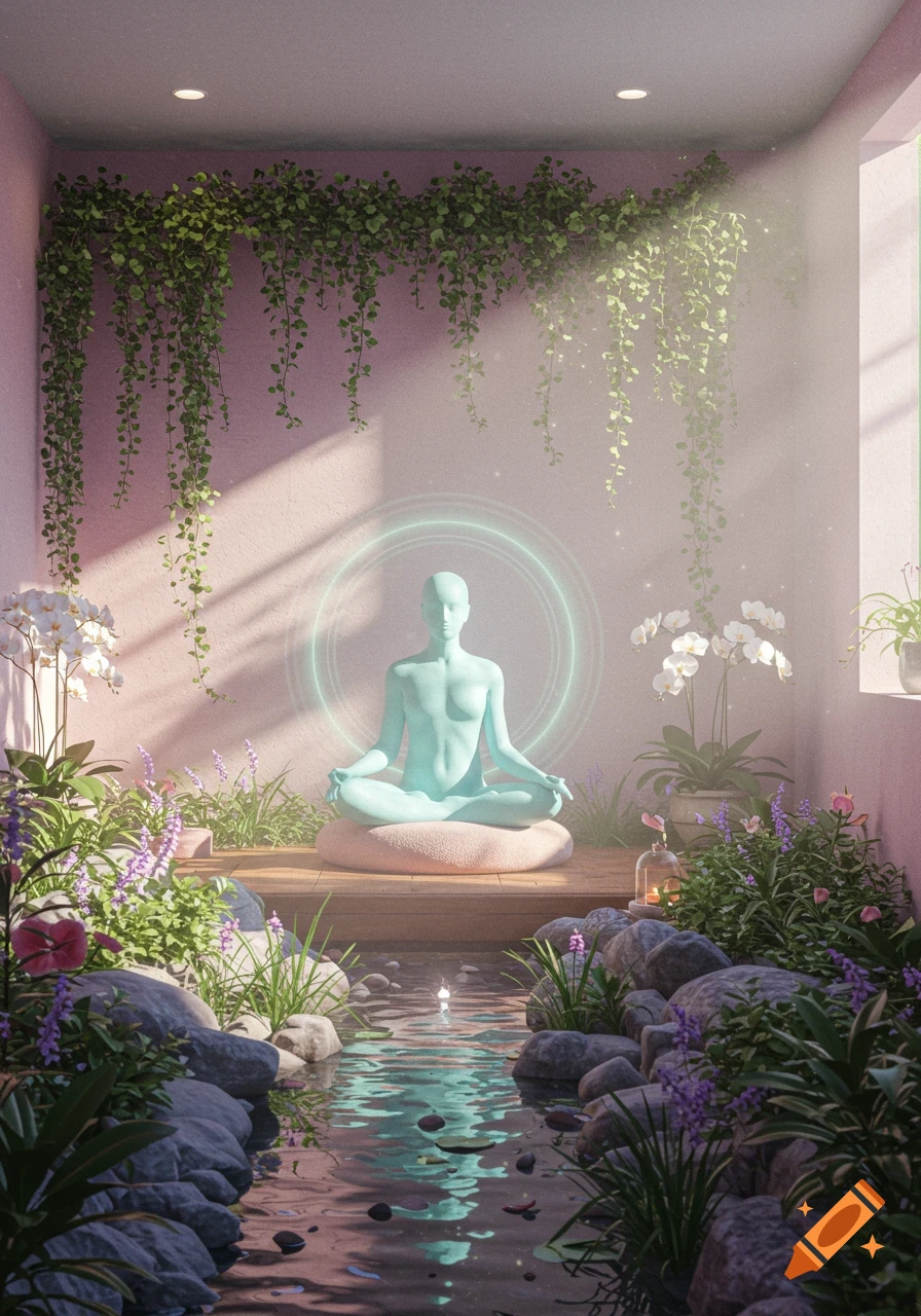 A stylized, light blue figure meditates on a cushion in a serene room with lush green plants, a stream, and soft sunlight.