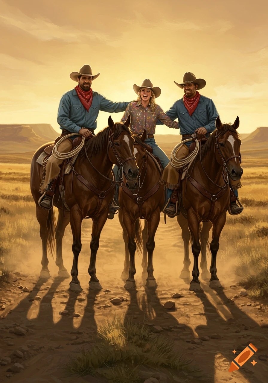 Two cowboys and a cowgirl on horseback in a desert landscape at sunset, smiling. Illustrative style.