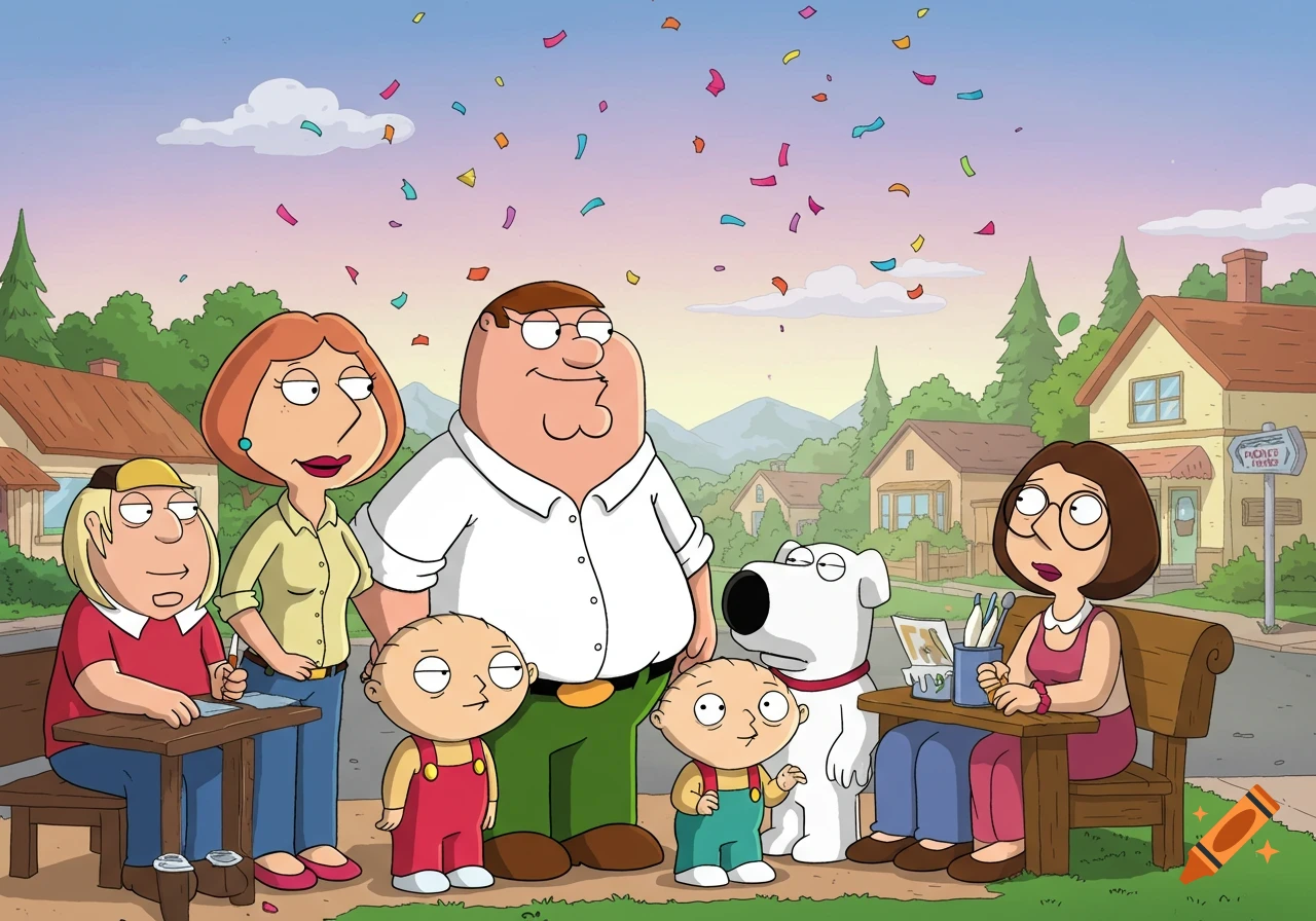 The Family Guy main characters stand outside their house with colorful confetti falling in a cartoon style.