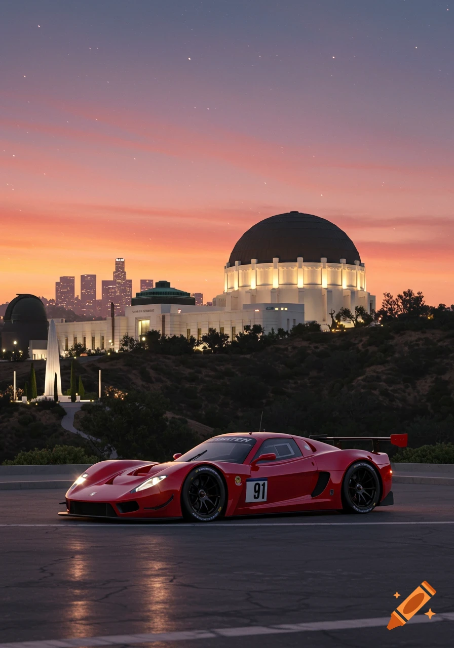 A red race car sits on a road with the illuminated Griffith Observatory and the Los Angeles skyline at sunset, photorealistic.