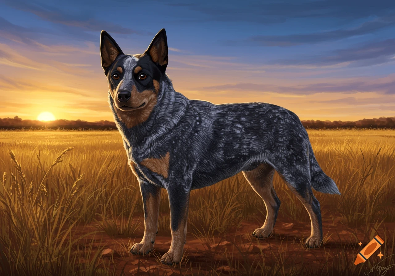 A majestic blue heeler dog stands in a golden field with a vibrant sunset in the background, digital art style.