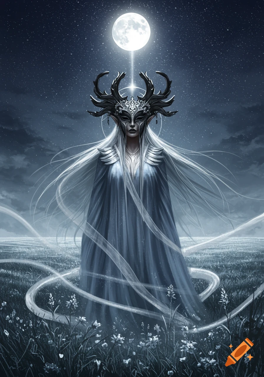 A majestic moon goddess with long white hair, a silver and obsidian mask, and a dark cloak stands in a field under a full moon.