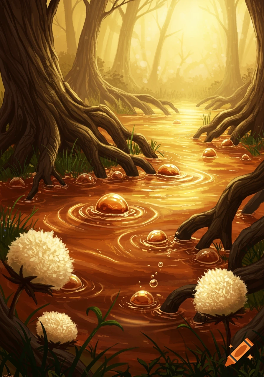 A fantastical, glowing root beer bog with gnarled tree roots, luminous orange liquid, and floating translucent orbs under a warm, hazy light, with white fluffy plants.