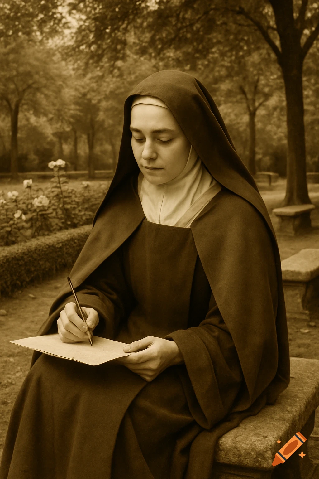 Sepia-toned portrait of a nun in a habit, sitting in a garden and writing on paper with a pen.