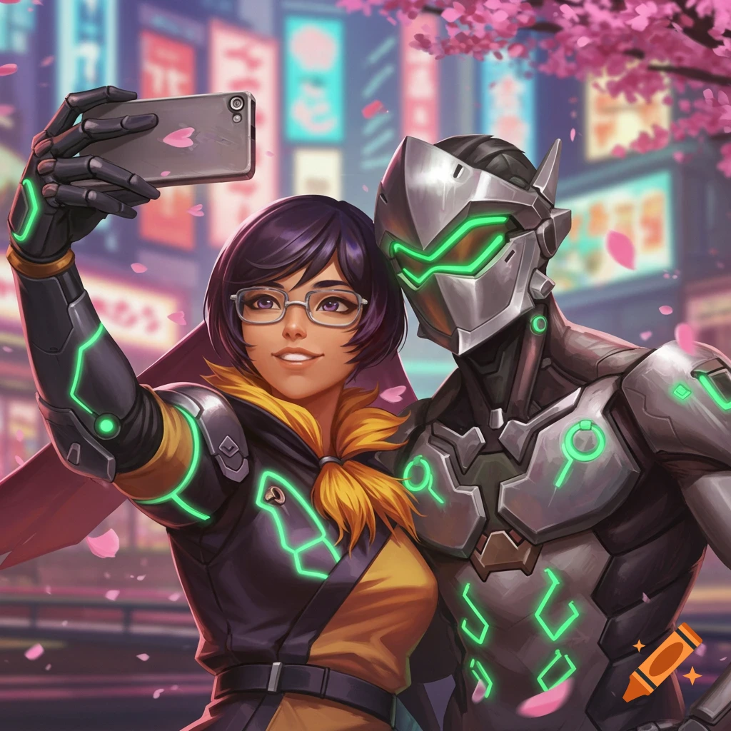 Wuyang and Genji from Overwatch take a selfie in a neon-lit futuristic city with cherry blossoms, in an illustrative style.