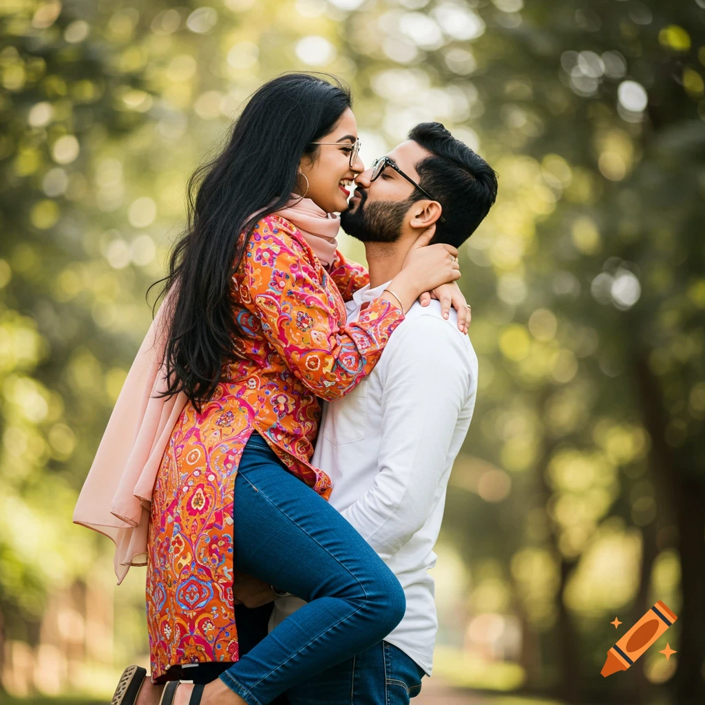 A photorealistic image of a joyful Indian woman in a tunic and jeans kissing her bearded husband in a lush park.