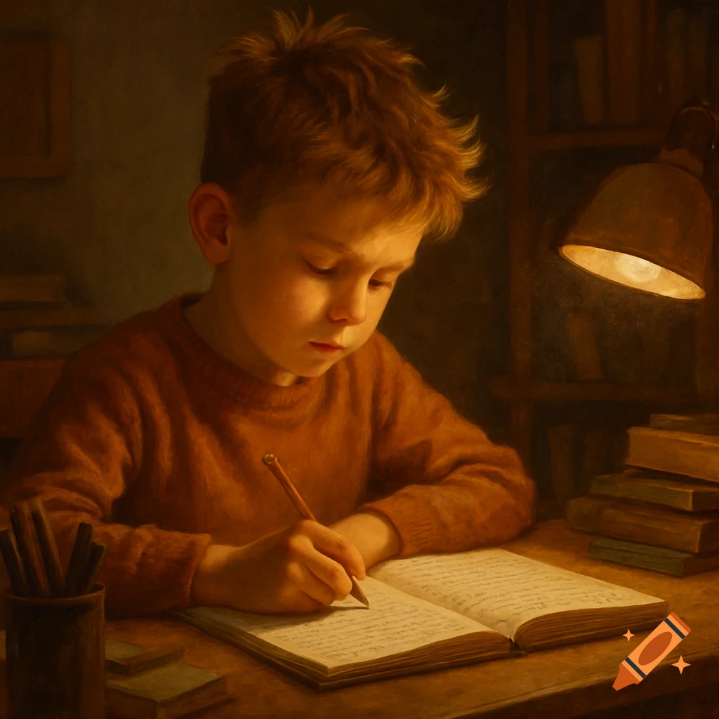 A young boy with reddish-brown hair intently writes in a notebook at a desk under the warm glow of a lamp, in a painterly style.
