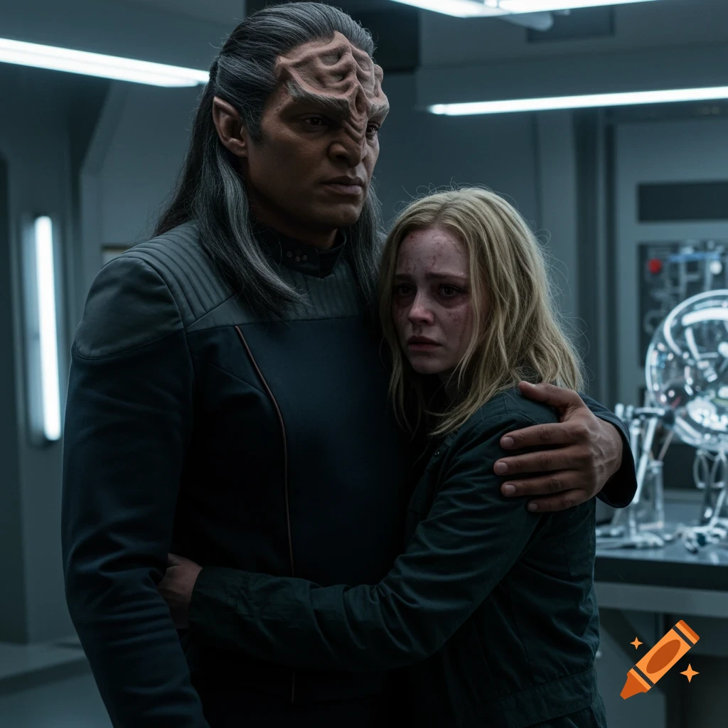 A male alien with a ridged forehead and long gray hair comforts a sad, pale human woman in a futuristic lab.