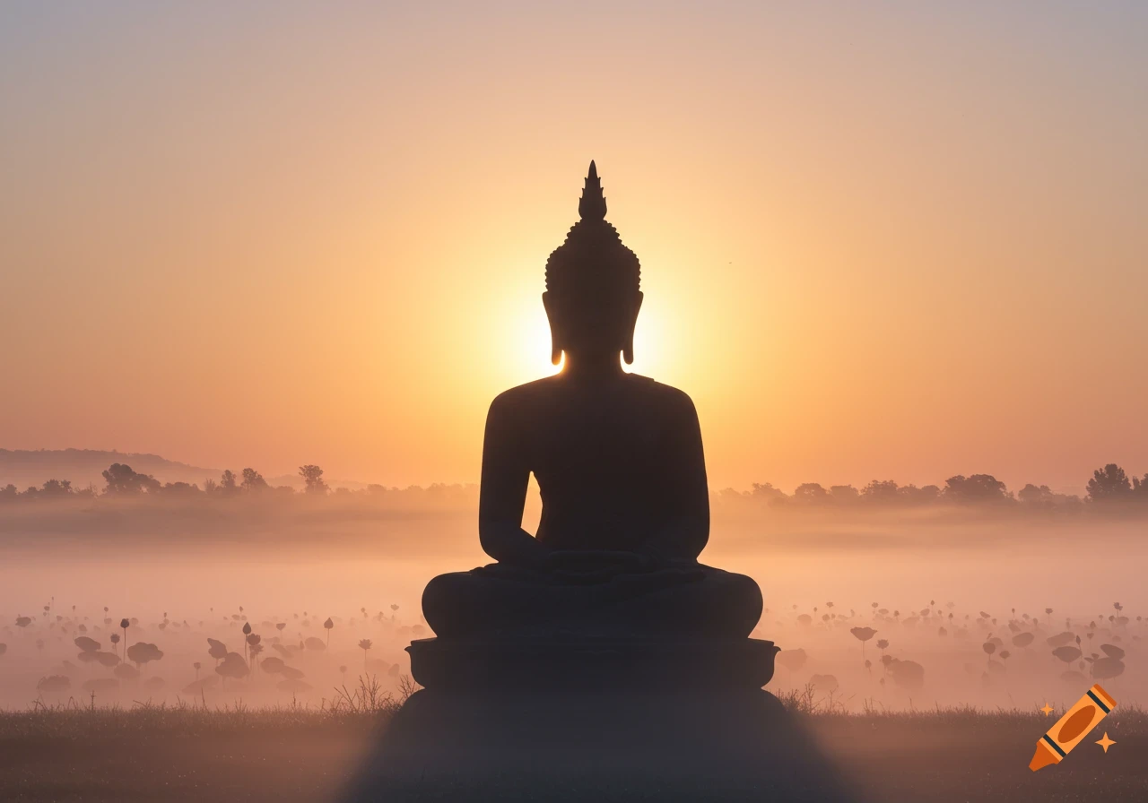 Silhouette of Buddha meditating at sunrise over a misty landscape with lotus flowers.