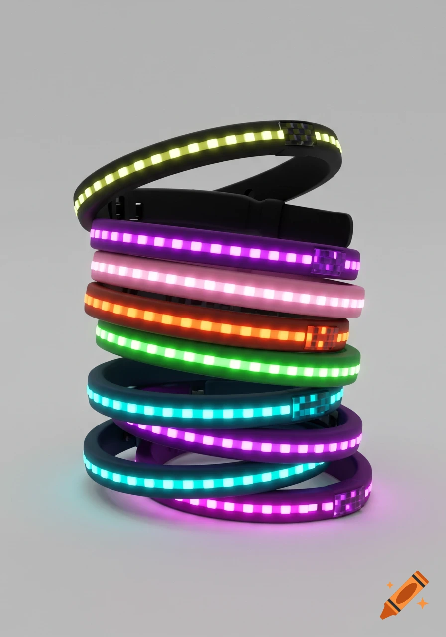 A stack of six colorful silicone wristbands, each glowing with embedded LED lights in pixelated strips, on a clean white background.