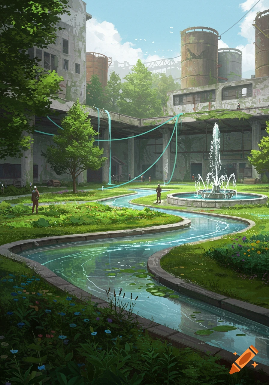 A winding river and fountain in a lush, re-wilded park amidst decaying industrial buildings, under a bright sky, digital art.