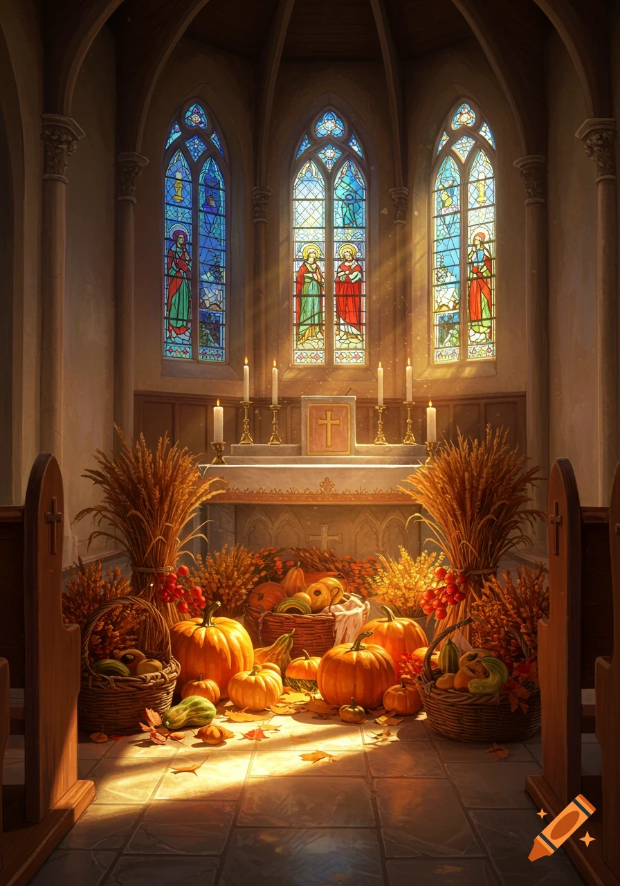A chapel altar decorated with pumpkins, gourds, and wheat for a harvest display, bathed in warm light from stained glass windows.