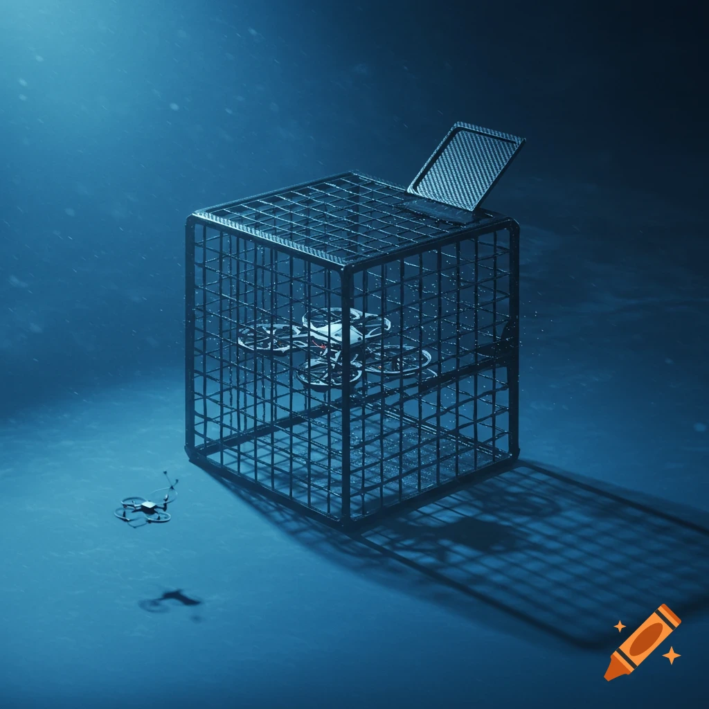 A small drone inside a large black carbon fiber cage with an open lid, and another drone outside, under a blue, atmospheric light.