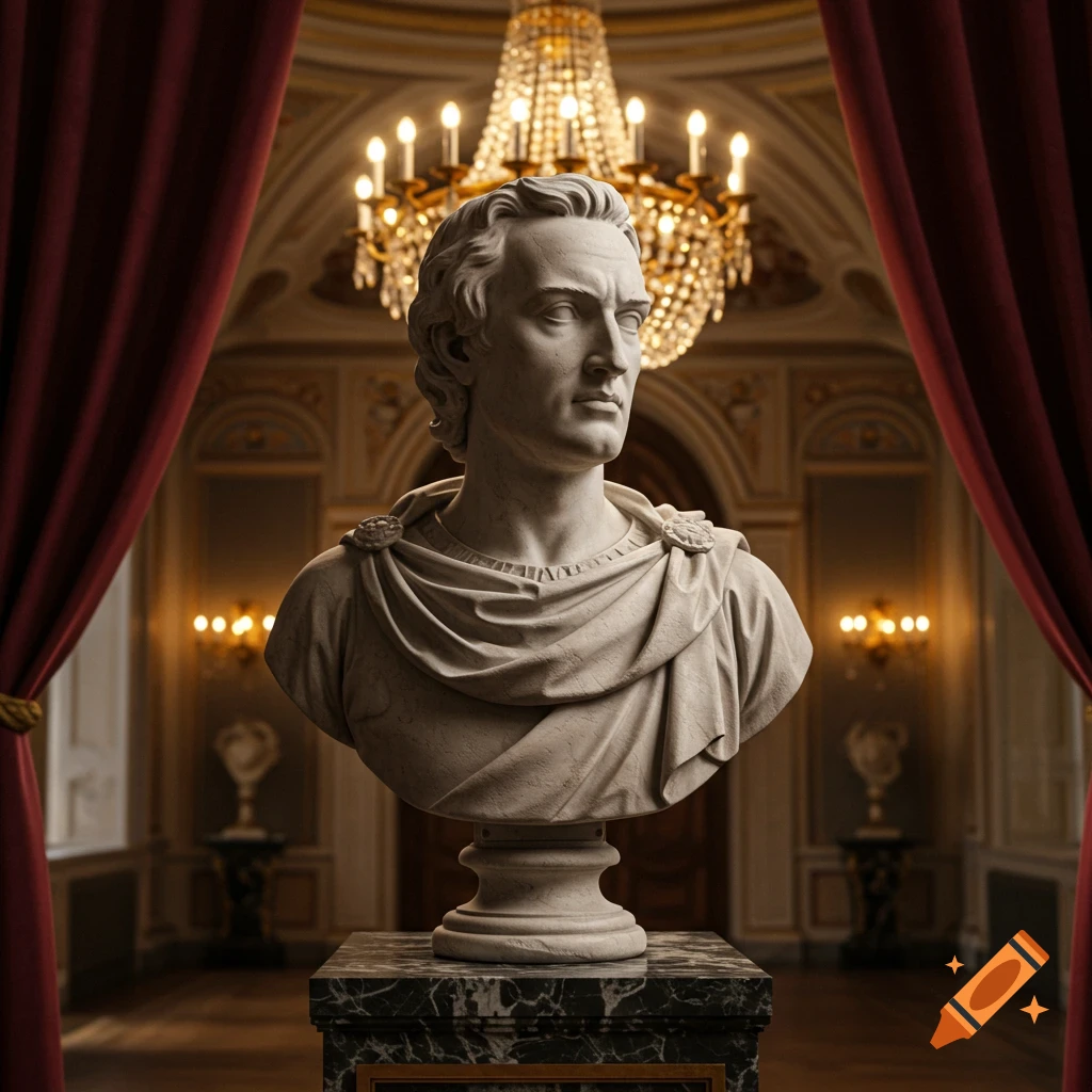 A detailed marble bust of a classical man on a pedestal in an opulent room with a chandelier and red curtains.