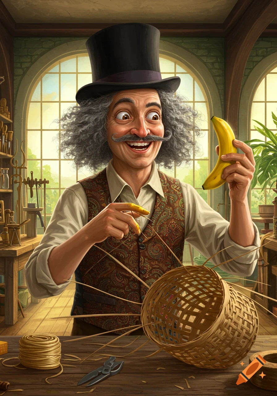 A whimsical man in a top hat with curly grey hair and a mustache smiles, holding a banana and weaving a wicker basket in a sunny workshop.