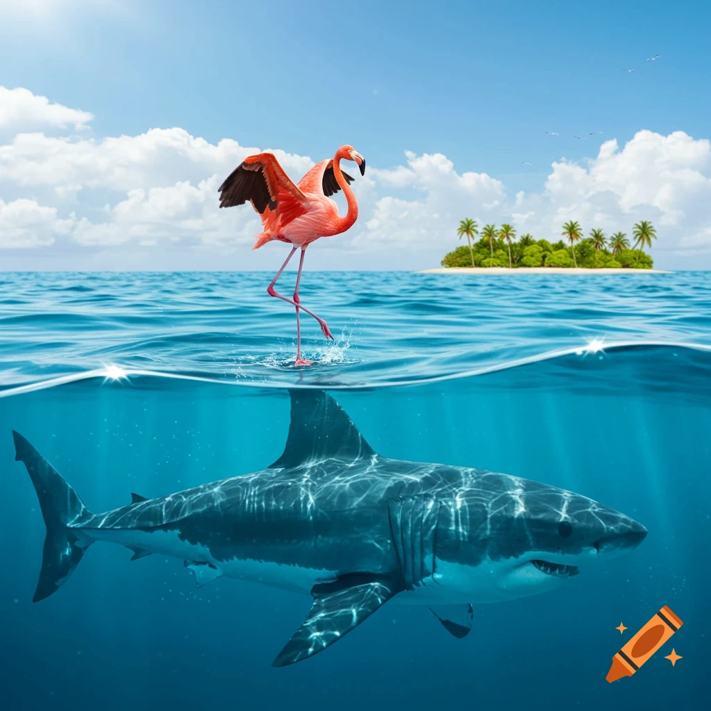 Photorealistic image of a pink flamingo balancing on a great white shark in a blue ocean, with a tropical island.