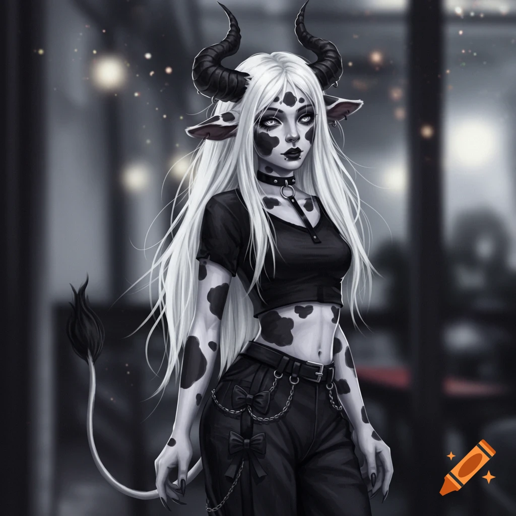 Digital art of a fantasy cow-woman with long white hair, black horns, pale skin with black patches, wearing a black crop top and goth pants.