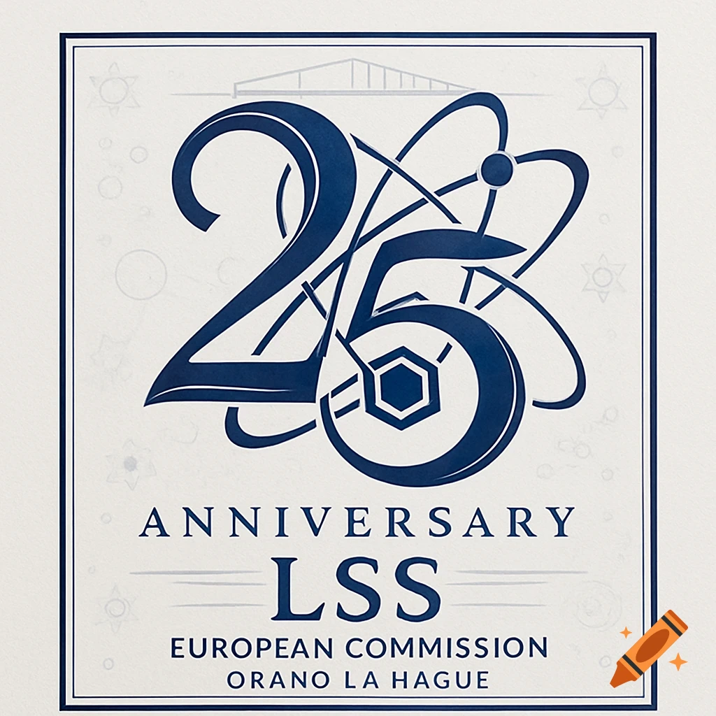 Blue and white 25th anniversary logo for European Commission LSS Orano La Hague, featuring the number 25, atomic symbols, and text.