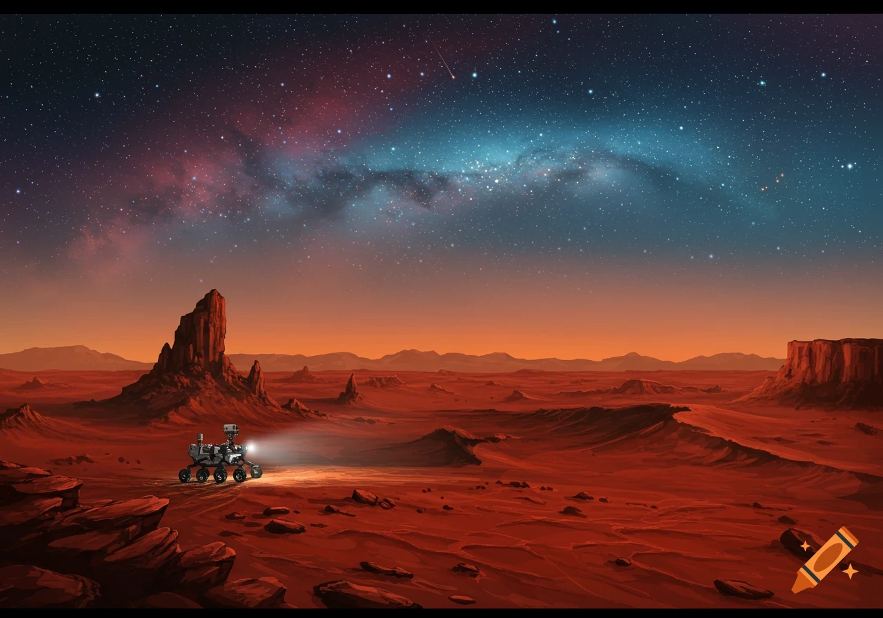 A Mars rover explores a red, rocky Martian landscape under a vibrant, star-filled night sky with a colorful galaxy visible.