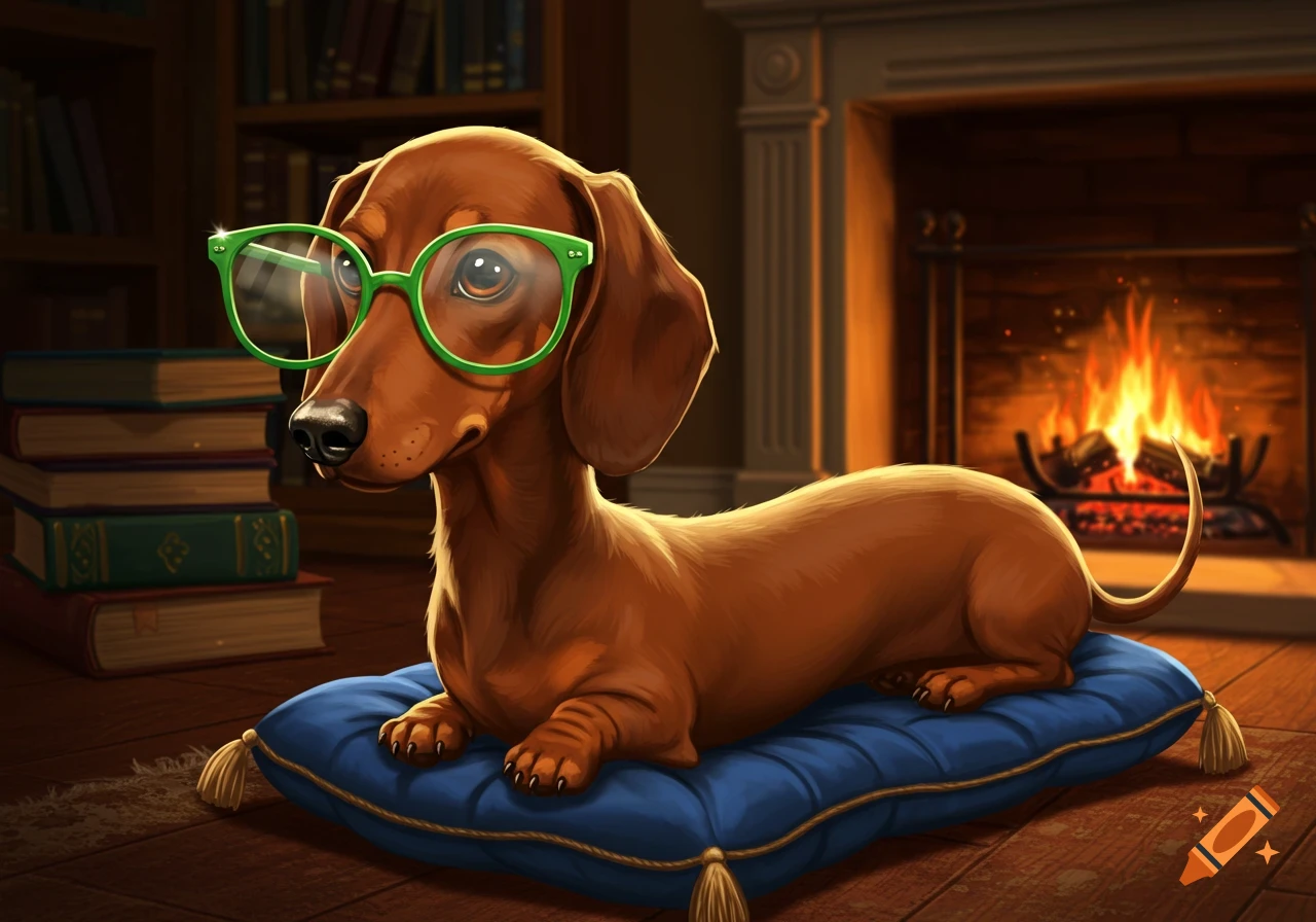A cartoon dachshund wearing green glasses sits on a blue pillow by a fireplace and bookshelves.