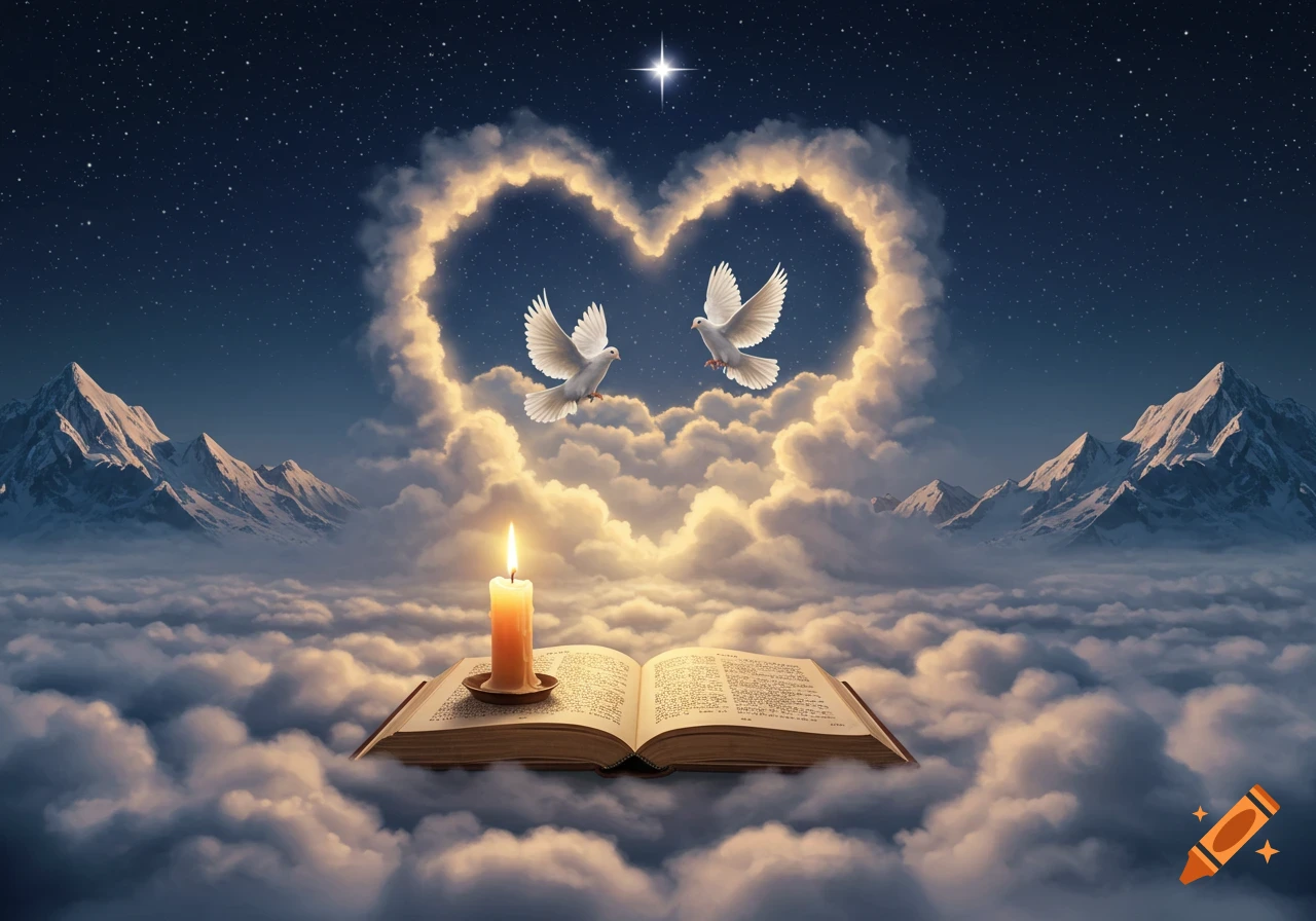 Spiritual dreamscape with open book, candle on clouds, doves in heart cloud, snowy mountains under starry night sky.