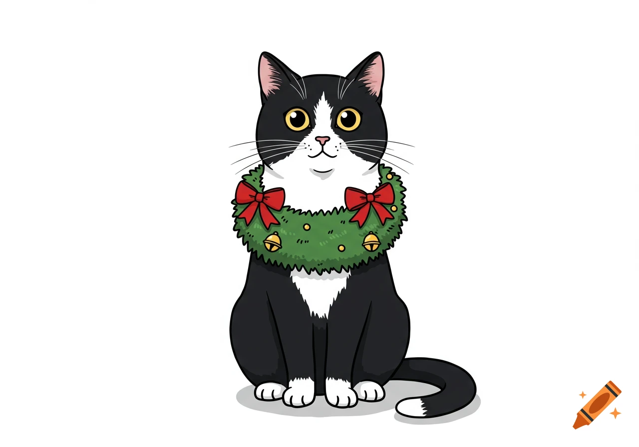 A cartoon tuxedo cat with yellow eyes, wearing a green Christmas wreath decorated with red bows and gold bells around its neck, on a white background.