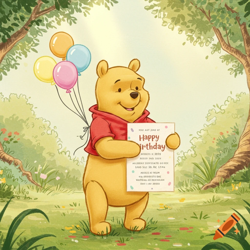 Winnie the Pooh, holding colorful balloons, presents a birthday invitation in a whimsical forest setting.
