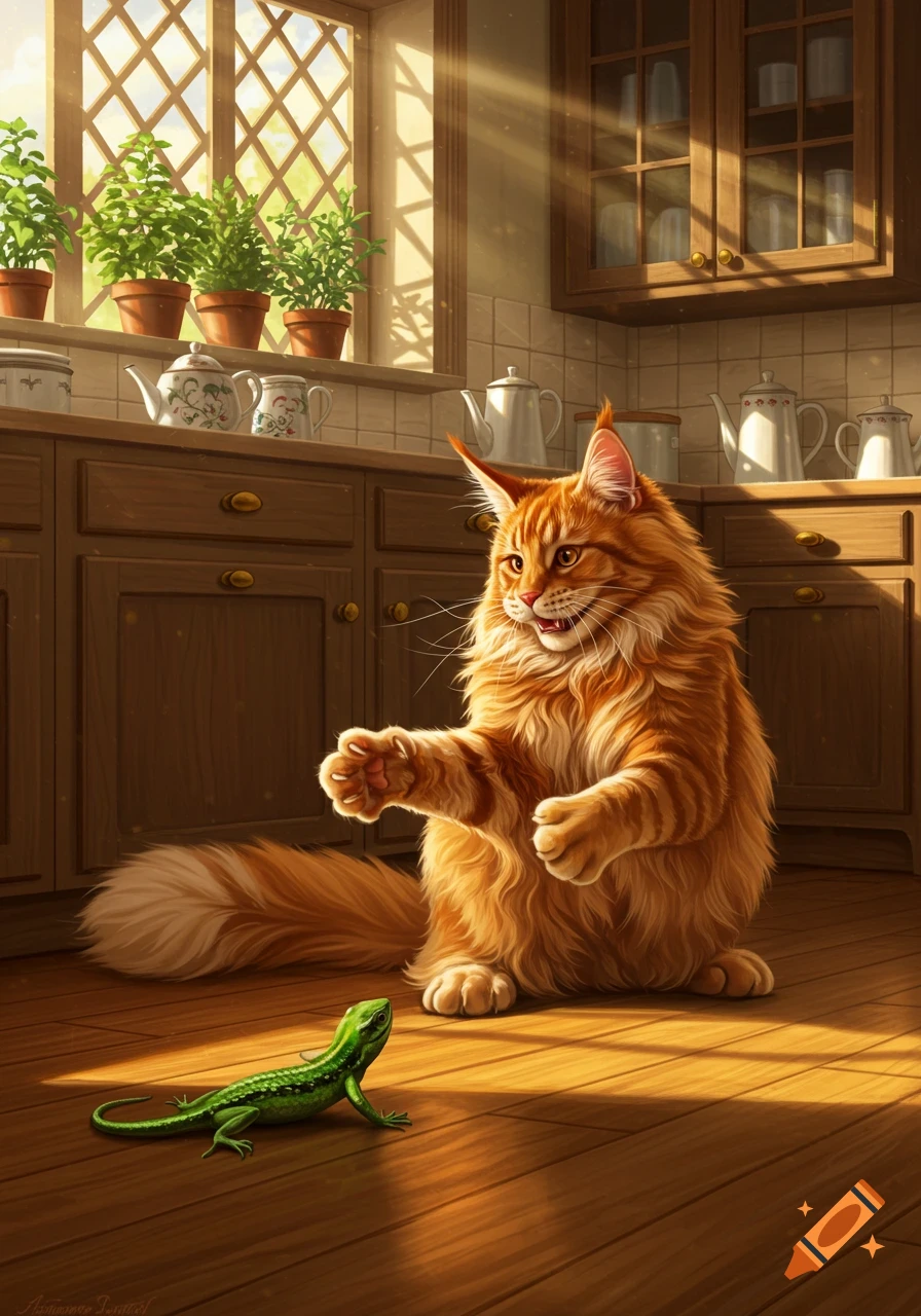 Fluffy orange Maine Coon cat playfully crouches before a green lizard on a sunlit kitchen floor.