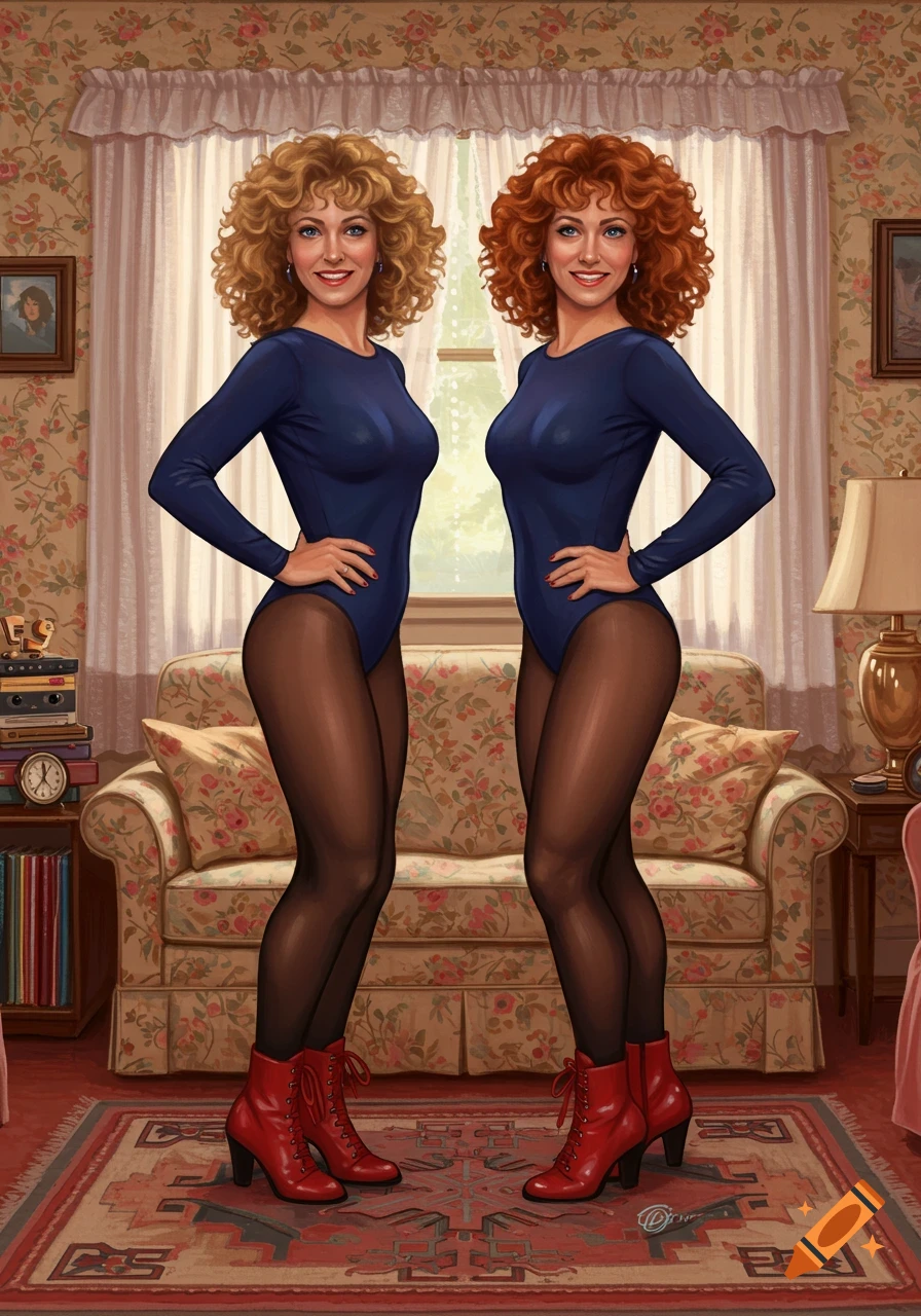 Two women, one blonde and one redhead, in navy leotards, black tights, and red boots, standing in a 1980s-style living room.