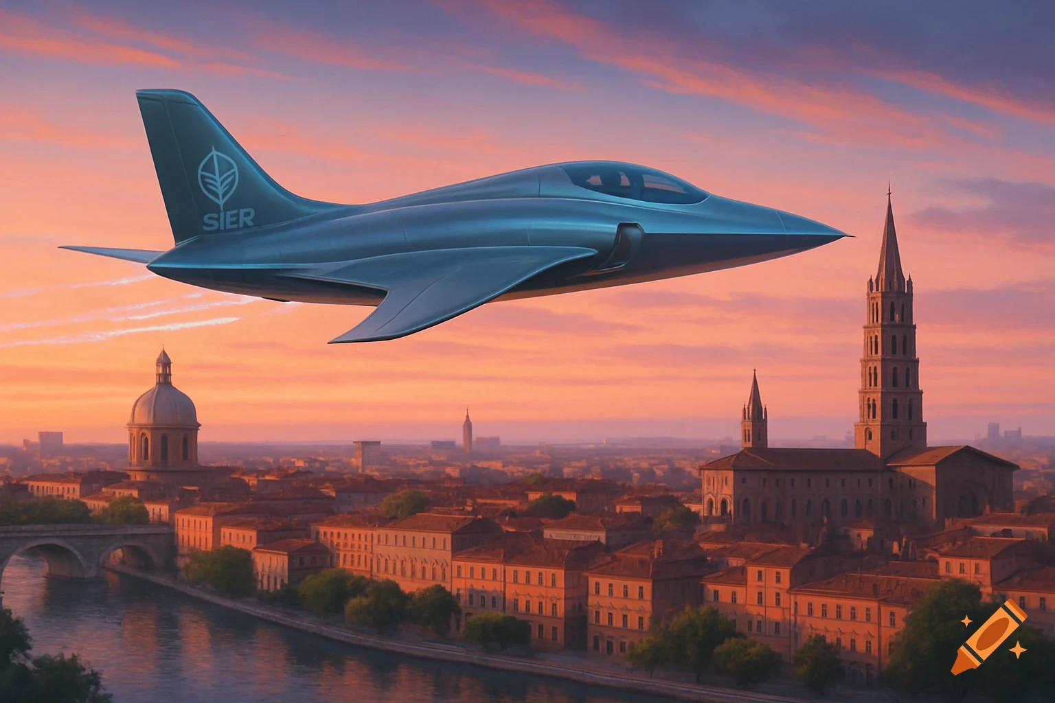 A futuristic jet with a 'SIER' logo on its tail flies over a historic European city with a river and bell towers at sunset.