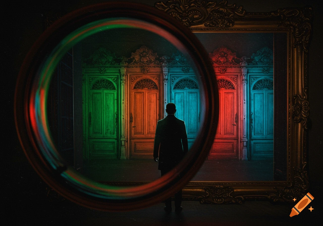 A man in a suit seen through a peephole, looking at a mirror reflecting green, orange, blue, and red doors.