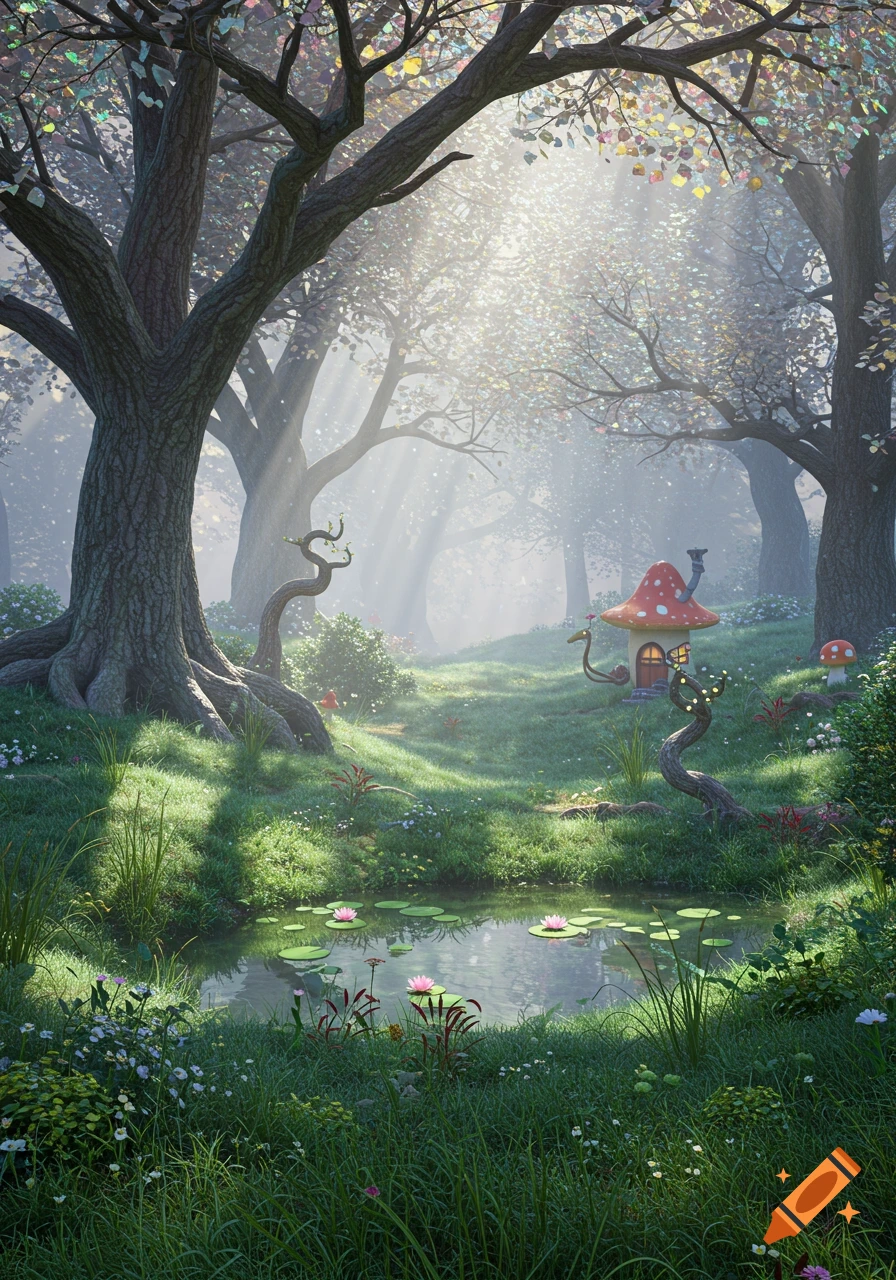 A whimsical forest scene with a mushroom house by a pond, sunlight filtering through colorful trees.