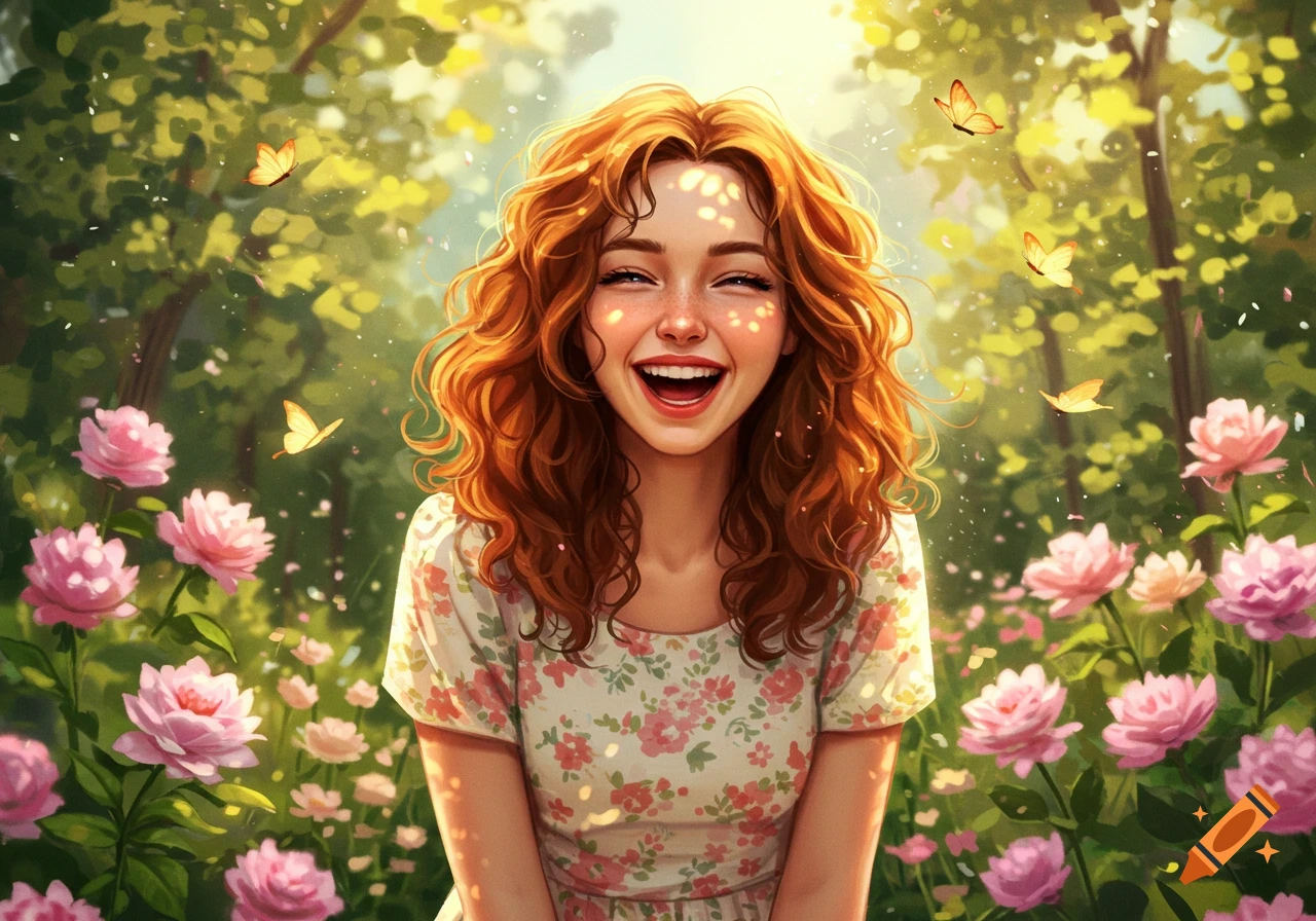 Vibrant illustration of a joyful young woman with curly red hair, laughing in a sunny garden surrounded by pink flowers and butterflies.