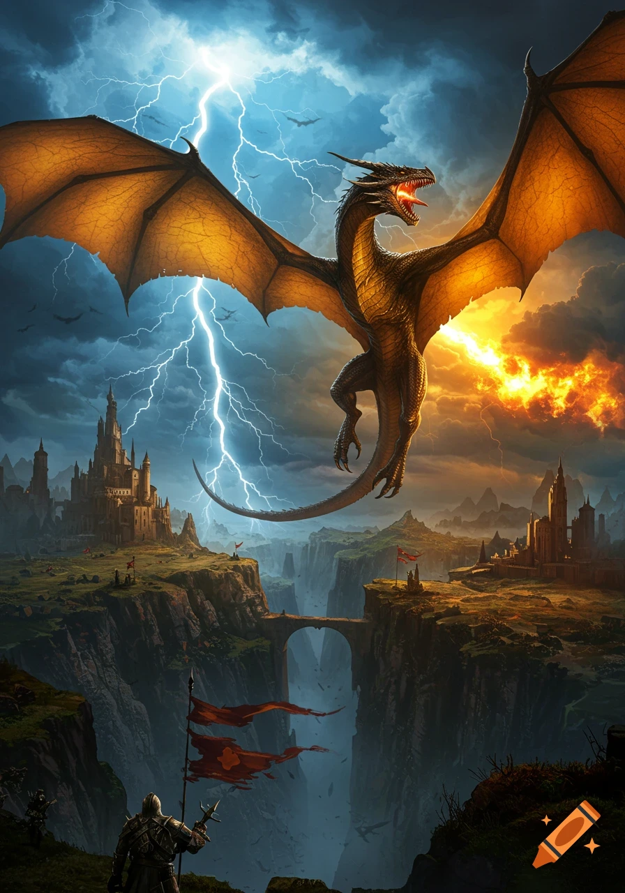 Epic fantasy art of a roaring dragon breathing fire and flying over a stormy canyon with castles, lightning, and a knight.