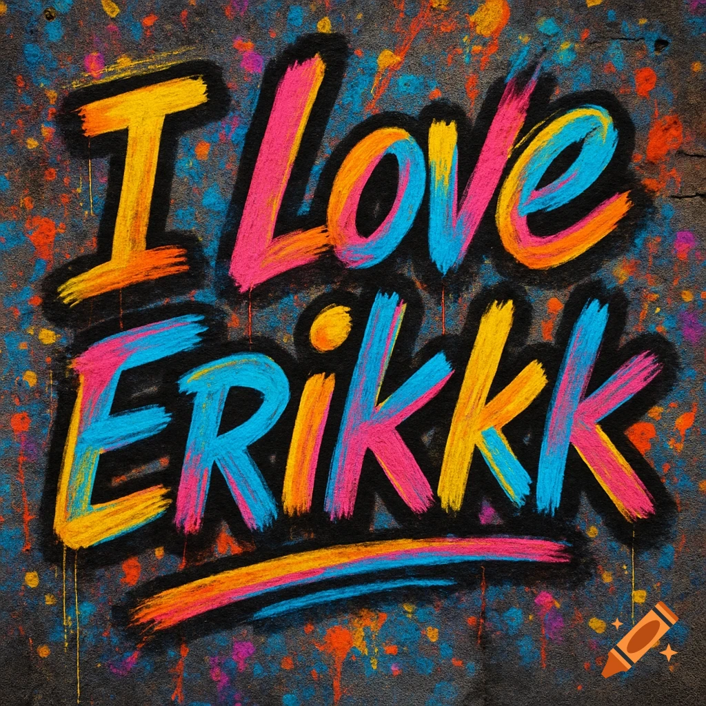Colorful graffiti art spelling "I Love Eriikk" with paint splatters on a dark background.