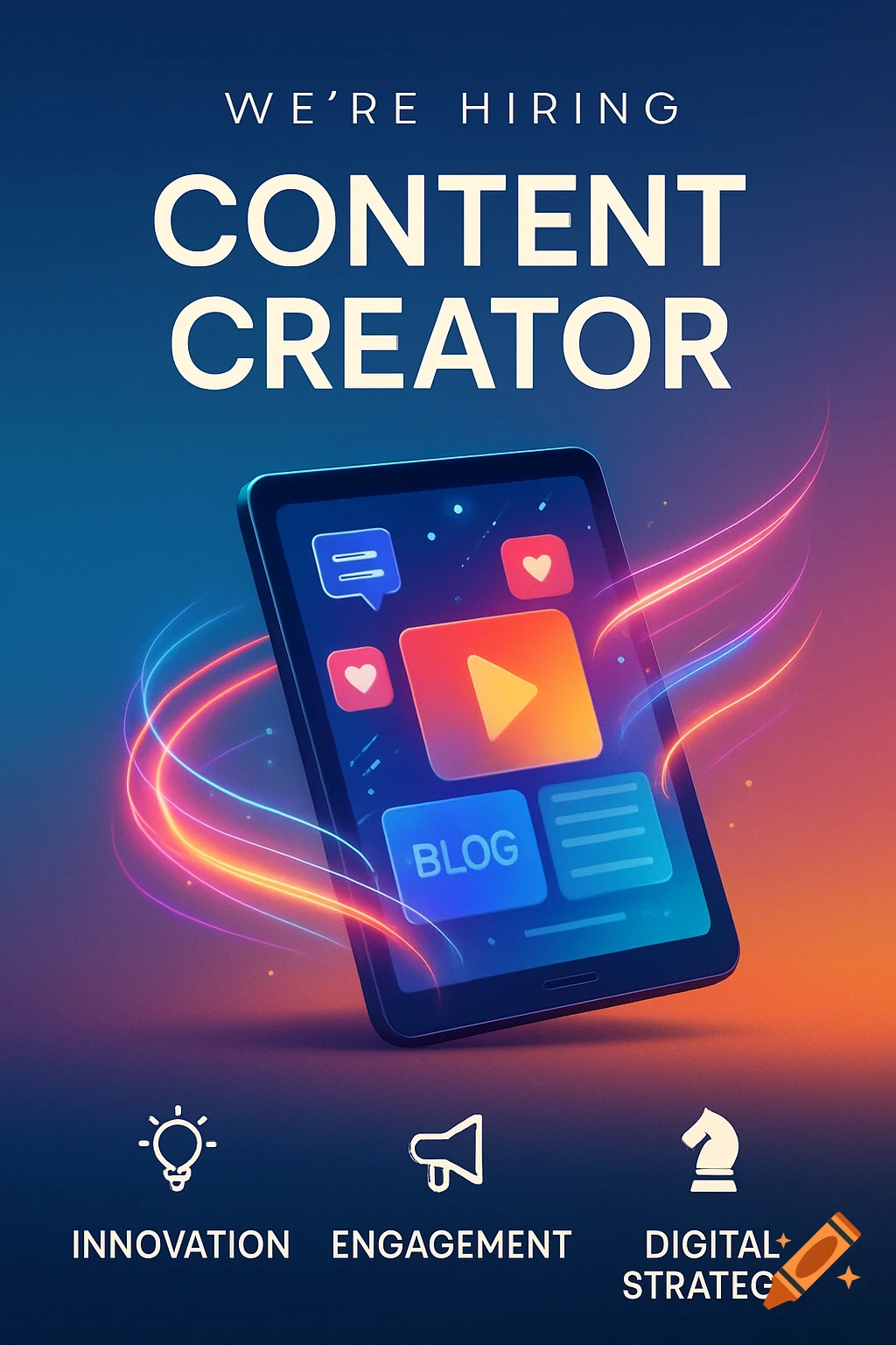 A job advert for a content creator featuring a smartphone with app icons, glowing lines, and keywords innovation, engagement, and digital strategy.