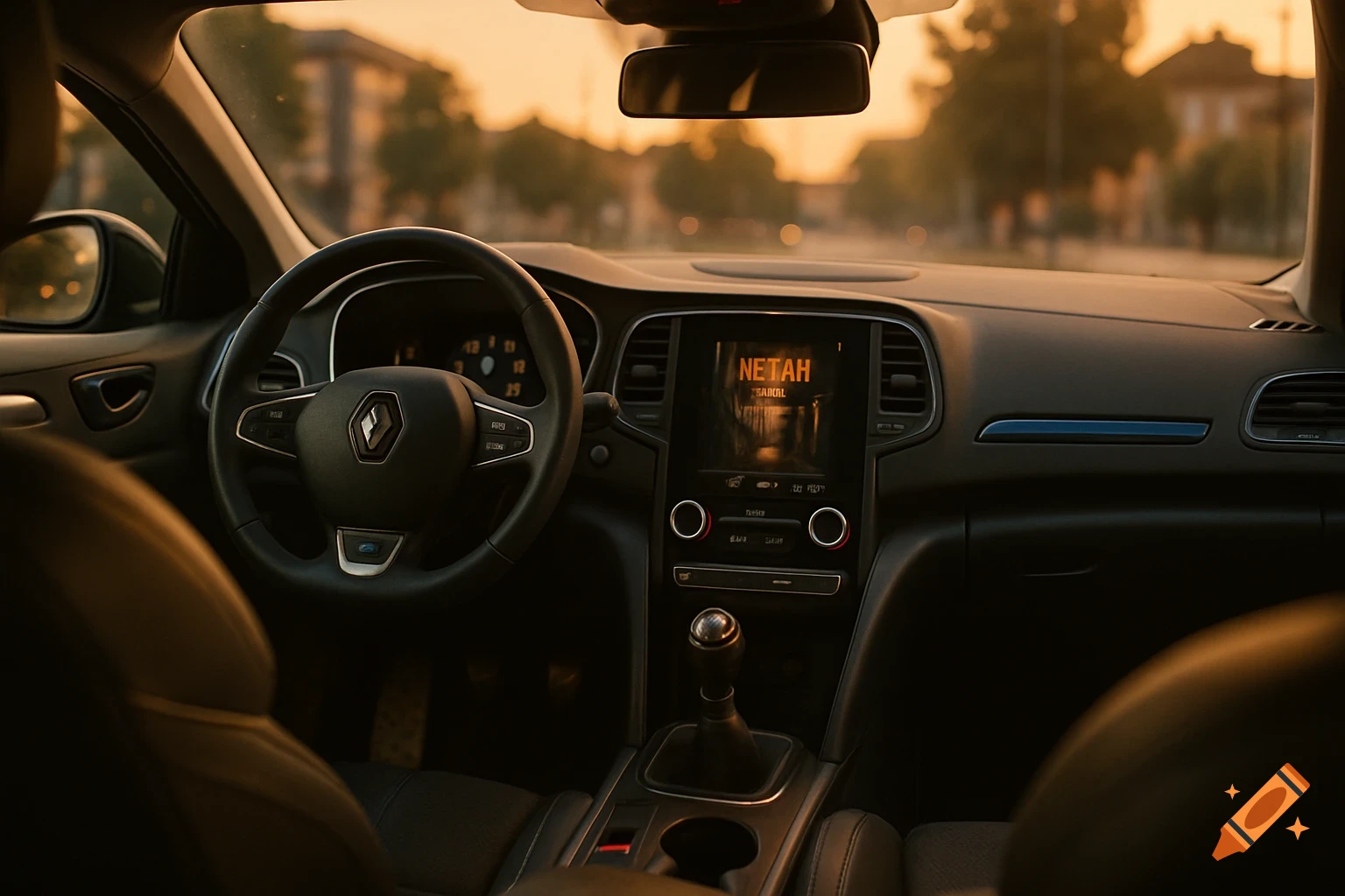 Photorealistic view of a Renault Mégane 4 GT car interior at sunset, showing the dashboard, steering wheel, manual gearbox, and central screen displaying garbled text.