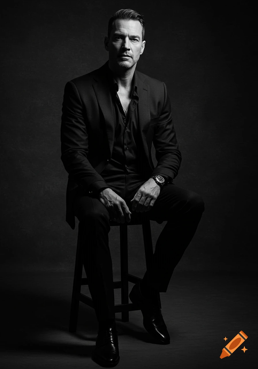 A moody, high-resolution black and white studio portrait of a confident man in a black suit sitting on a stool against a dark background.