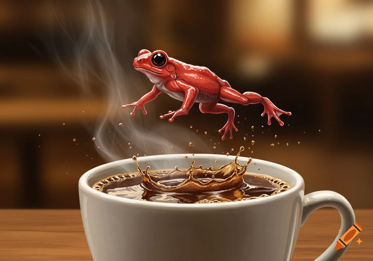 A vibrant red frog jumps into a steaming cup of coffee, causing a splash, with a dark blurred background.