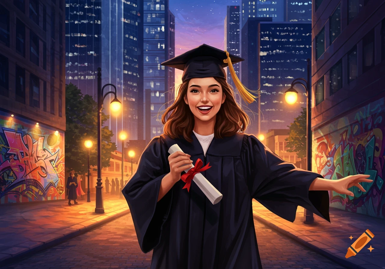A smiling college graduate in a cap and gown holds a diploma in a vibrant, illustrated city street at dusk.