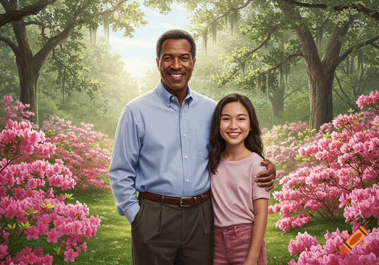 An illustrative portrait of a smiling man and a young girl standing together in a lush park filled with pink azalea flowers.