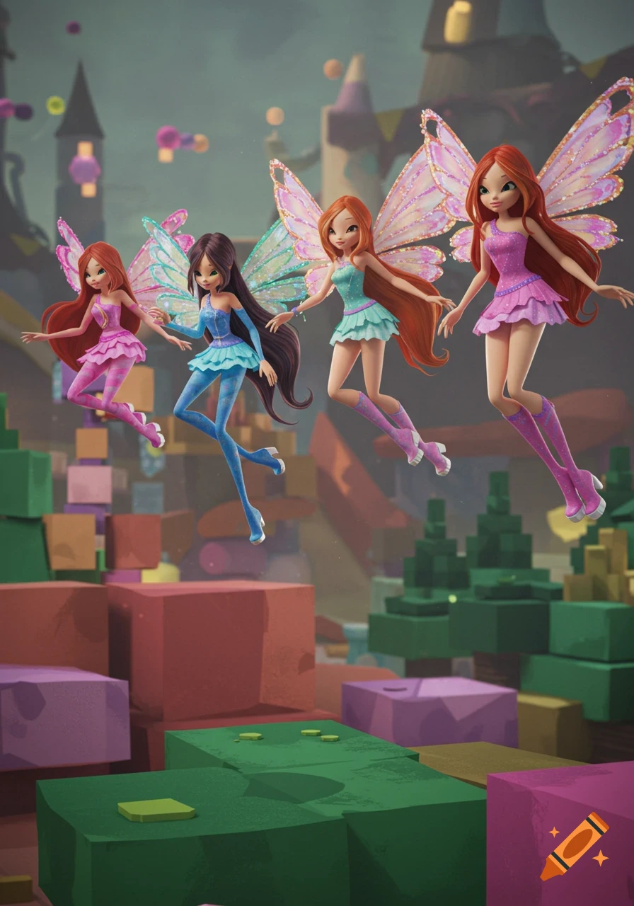 Four animated Winx Club-style fairies with colorful wings and outfits float above a landscape of colorful building blocks.