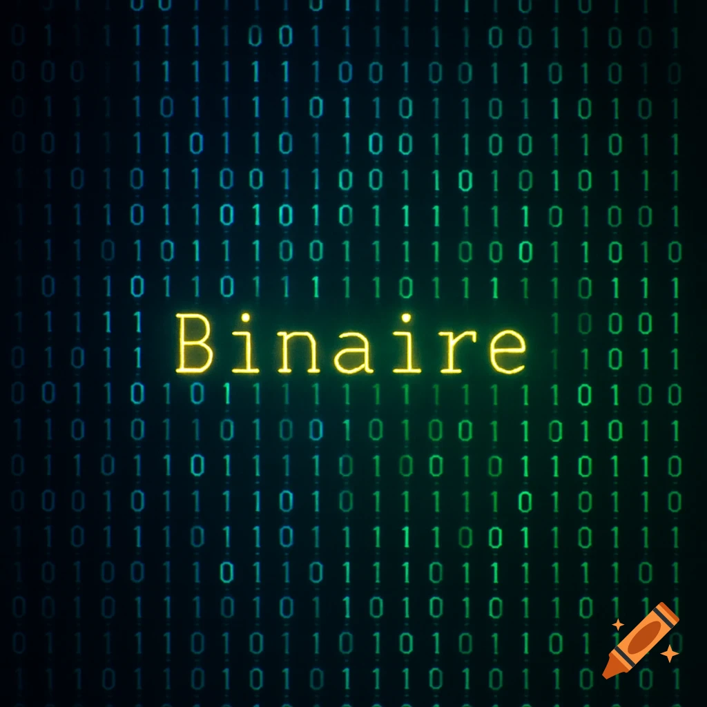 Yellow glowing 'Binaire' text stands out against a dark background of green and blue binary code.