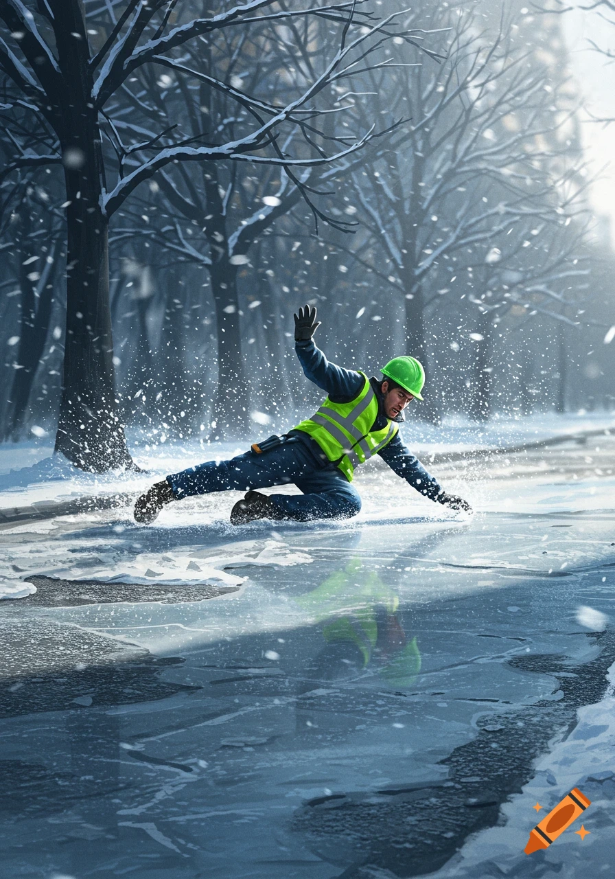 A photorealistic illustration of a worker in a green hard hat and safety vest slipping and falling on an icy, snowy sidewalk.